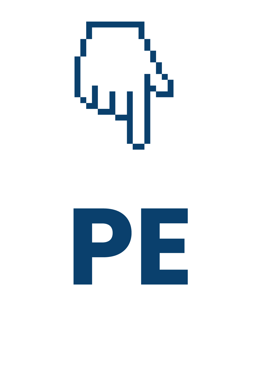 El logo de la herramienta, es una mano simulando un clic sobre una urna electoral con las siglas P; E de PubliElectoral